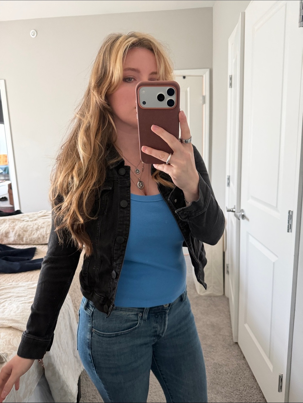 Black Denim Jacket with Blue Tank